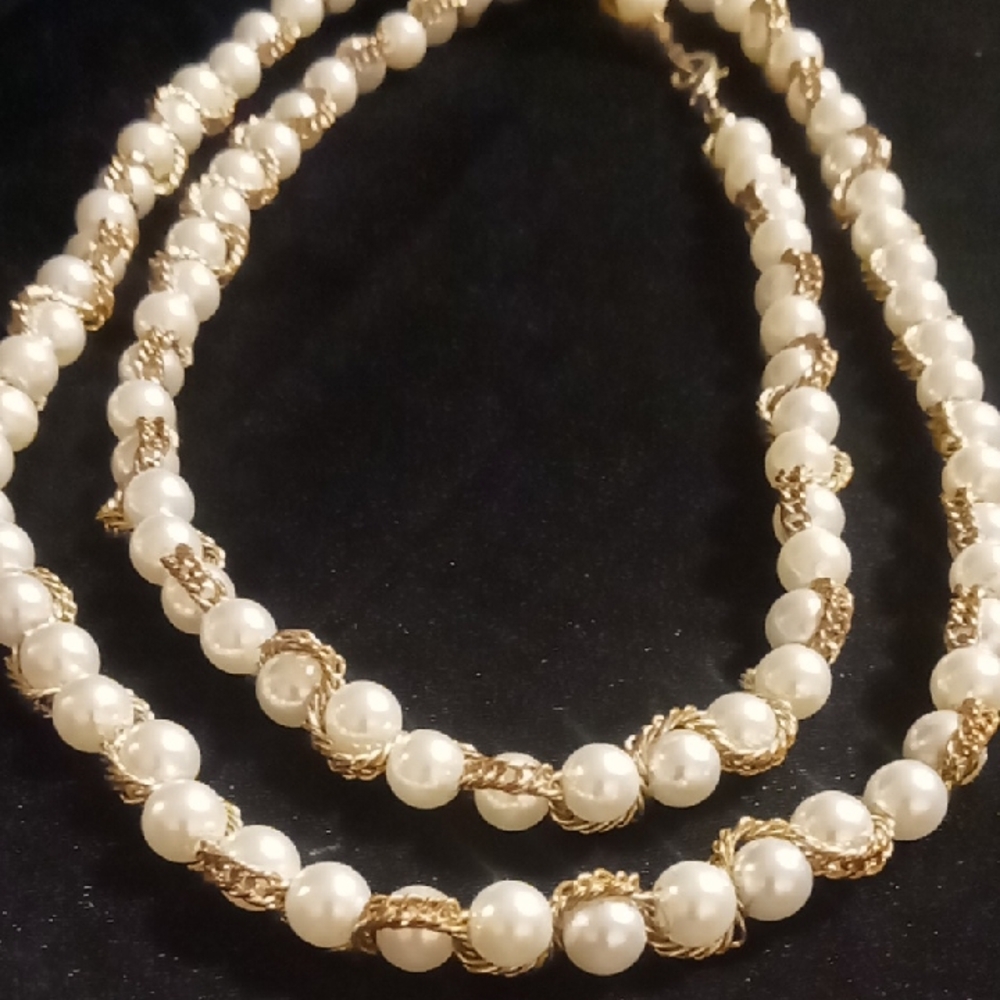 Gold chain braided and Cream Pearl long Necklace 34 inches long